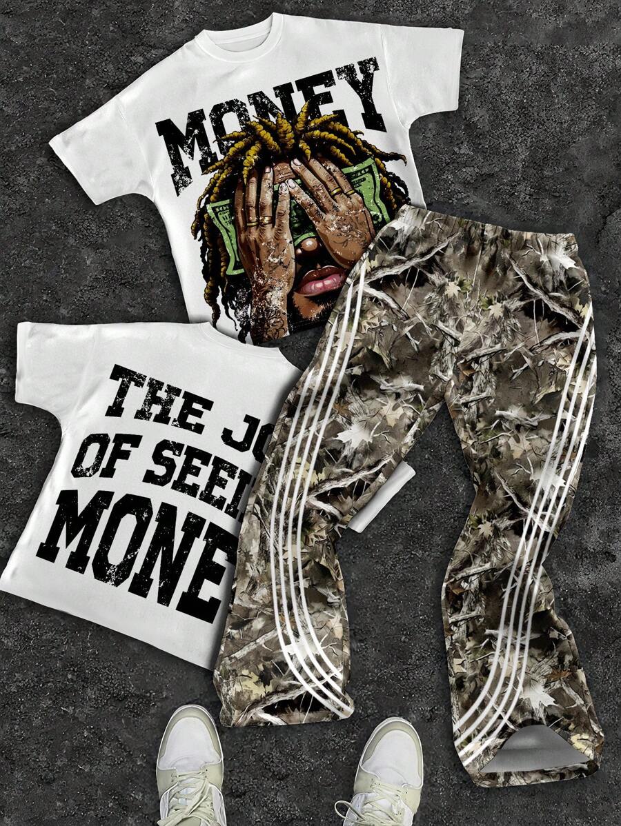 SHEIN Bolty 2pcs Tween Boy Crew Neck T-Shirt And Flared Pants Set With Leaf Pattern, Casual Summer Outfit Boys Hip Hop Clothing Boys Outfit Sets Money Outfit Tween Street Wear Set Drippy Outfits Boy - Multicolor - View 1