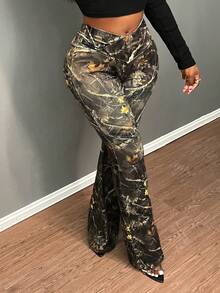 SHEIN CURVE+ Plus Size Minimalist English Print High Waist Waist Cross Design Micro Flared Long Tight Fitting Women's Leggings Suitable For Parties Suitable For Spring And Autumn Seasons - Multicolor - View 4