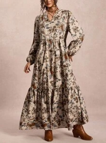 Freevana Vestido maxi de manga larga con estampado de flores para mujer de talla grande, cómodo y fluido, para otoño e invierno. Vestido maxi de invierno con cuello en V para mujeres. Disfraz de Halloween de estilo muñeca con vestido largo holgado y casual para salir. Vestido largo de talla grande para salir, vestido maxi de otoño para mujeres.