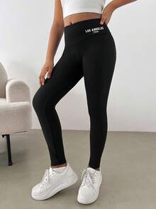 SHEIN 少女日常休闲保暖印花黑色打底裤，带内衬腰带，秋冬季保暖打底裤 - 黑色 - 查看 6