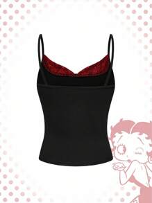 Betty Boop | ROMWE 大码女式 Y2K 玫瑰与肖像图案蕾丝吊带背心 - 黑色 - 查看 2