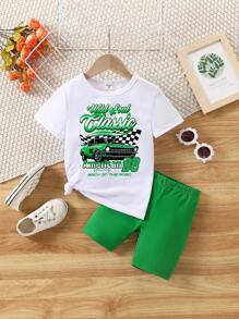 SHEIN Bộ 2 áo thun tay ngắn cổ tròn in chữ thường ngày và quần short đạp xe cho bé gái - Nhiều màu - Xem 4