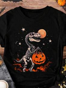 EMERY ROSE 大码万圣节主题印花黑色圆领短袖T恤 - 黑色 - 查看 4