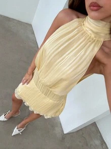 Aloruh Váy ngắn màu vàng thanh lịch gợi cảm thời trang dành cho nữ - Màu vàng - Xem 4