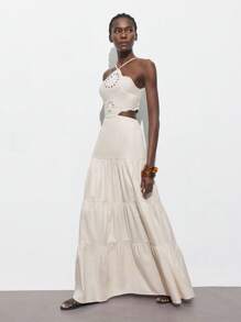 Maija Vacation Casual Hollow Out Embroidery Halter Dress, For St. Patrick's Day, Spring Break, Easter, Music Festivals,Vacation Outfits