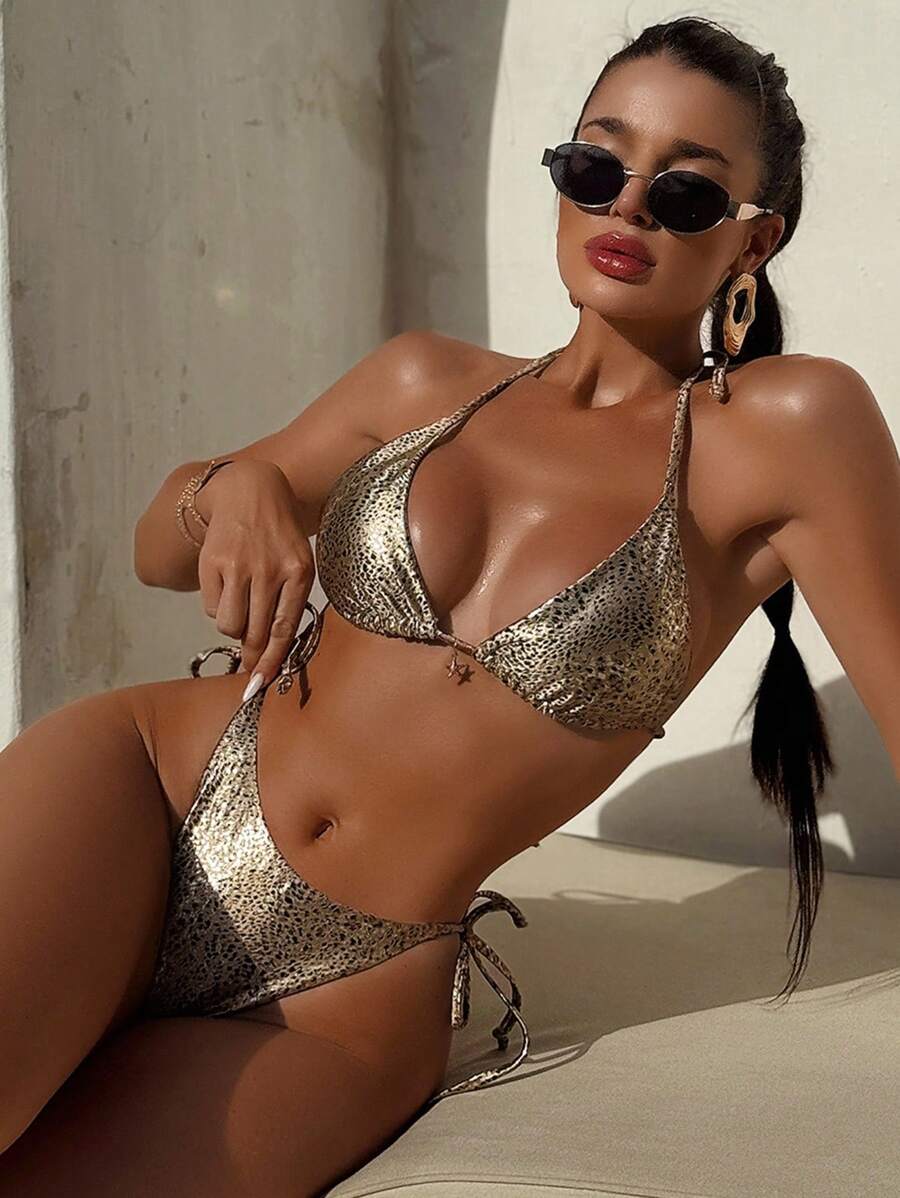 Swim SXY 女士新款系带吊带比基尼，欧美风纯色三角两件套泳衣 - 金色 - 查看 1