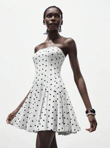 SHEIN LUNE Fashionable Sexy Fitted Wavy Flared Hem Strapless Polka Dot Dress For Women Summer Dress Looks Of Party Clothes For University - Black and White - View 6
