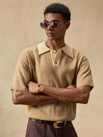 AKNOTIC Men's Khaki Knitted Crochet Casual Slim Fit Short Sleeve Knit Top , Suitable For Summer, Autumn, Vacation, Daily Wear, Party, Couple, Men's Gift, Graduation Gift