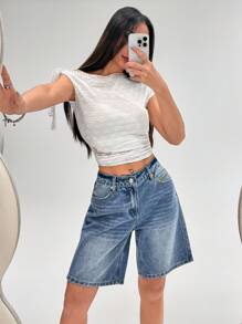 SHEIN ICON 女士休闲宽松阔腿牛仔短裤，夏季 - 中等水洗藍 - 查看 3