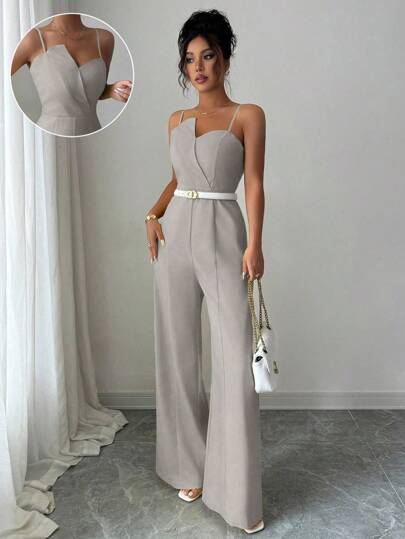 Elenzga Women's Solid Color Floral Bud Bustier Design Cinched Waist Wide Leg Elegant Jumpsuit, Suitable For Commuting And Everyday Wear