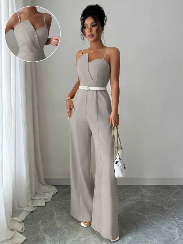 Elenzga Women's Solid Color Floral Bud Bustier Design Cinched Waist Wide Leg Elegant Jumpsuit, Suitable For Commuting And Everyday Wear