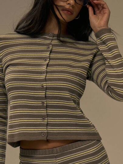 MUSERA Scalloped Crew Neck Striped Button Down Cardigan Fall Cute Streetwear Festival Farmhouse, Country, Vintage, Fall Autumn Christmas Winter Thanksgiving Chic