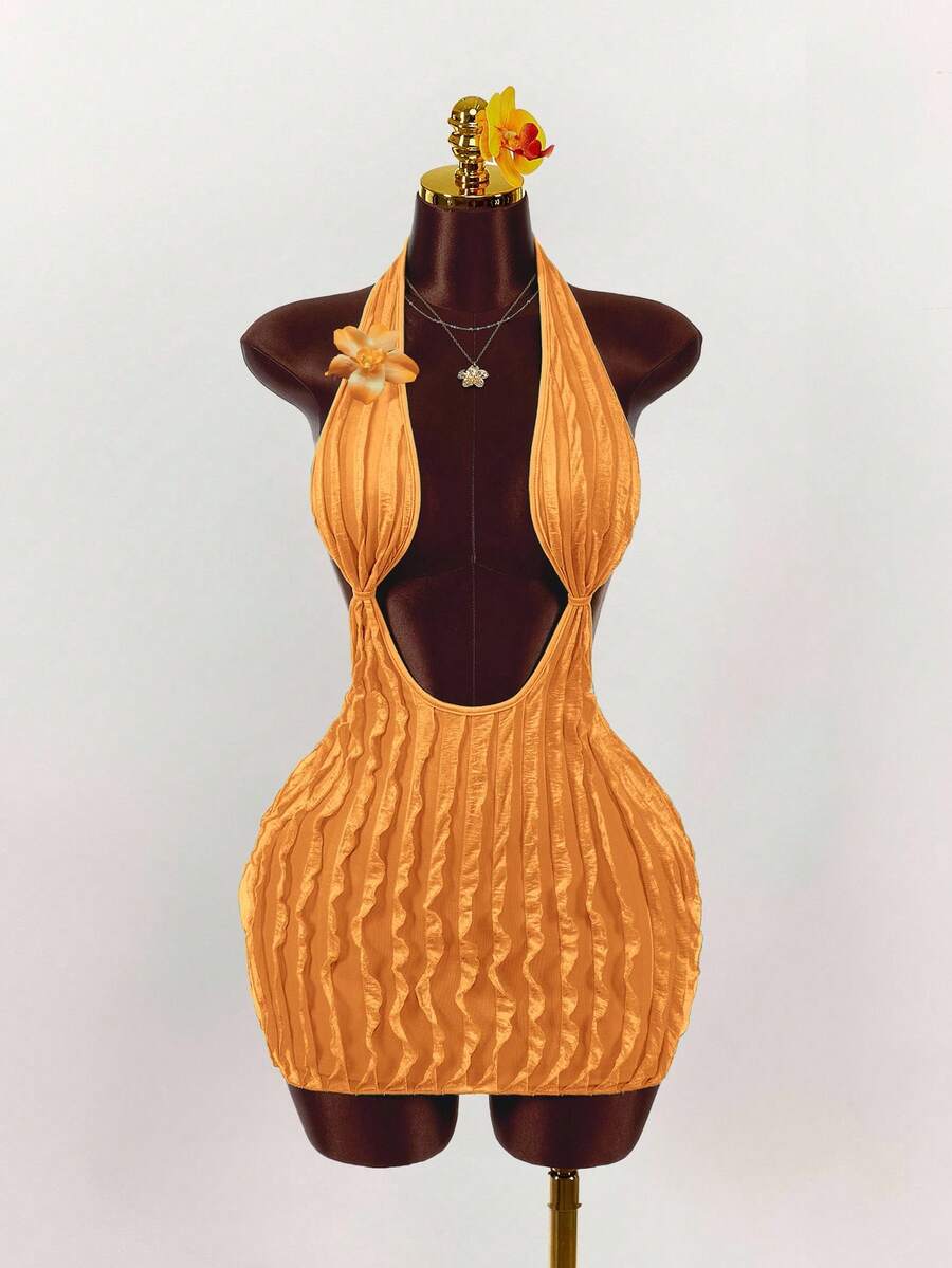 Amplova Đầm ôm body ngắn hở lưng, hở lưng, kiểu dáng du lịch biển gợi cảm mùa hè cho nữ - trái cam - Xem 1