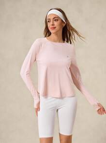 OutZeal 女士户外粉色T恤运动上衣，长袖，防紫外线，凉爽触感，交叉褶裥设计，带拇指孔