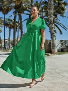 Maija Đầm suông màu trơn thanh lịch, thường ngày, cổ chữ V sâu, tay ngắn, tay bồng, thiết kế xếp ly eo, váy chữ A rộng, váy maxi màu vàng, váy đi nghỉ thường ngày cho nữ - màu xanh lá - Xem 4