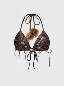 ROMWE Hippie Y2K Sexy Lace-Up Faux Fur Bikini Set For Women - Pink - View 4