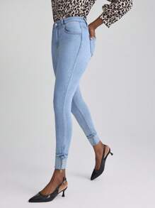 Slaydiva Women's Slim Fit Solid Color Cuffed Metal Chain Decor Versatile Fashion Jeans - Blue - View 5