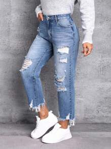 SHEIN Essnce Plus Size Women's Loose Distressed Raw Hem Cone Shape Pockets Casual Denim Jeans