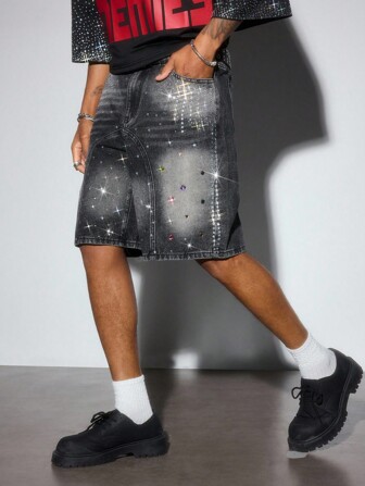 Street Life Men's Casual Fashionable Rhinestone Denim Shorts With Pockets