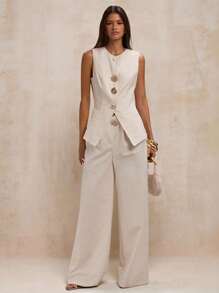 SHEIN BAE 1 件女士纯色前扣圆领无袖西装外套，优雅