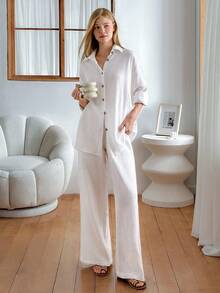 EURMUSE 2 Pcs, Cotton, Long Sleeve Shirt And Straight Fit Pants - White - View 5