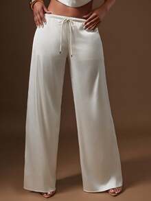 Denimoi Drawstring Waist Satin Wide Leg Trousers Pants Date Night GNO Dinner - White - View 2