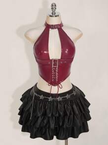 SHEIN ICON Top de tirantes con decoración de ojetes y cordones en la espalda de piel sintética, estilo gótico Y2K para mujer de talla grande - Burdeos - Ver 4