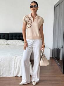 SHEIN Frenchy 女士撞色刺绣休闲百搭短袖针织上衣 - 杏色 - 查看 4