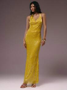 MUSERA Vestido largo asimétrico con cuello de cowl, espalda descubierta y lentejuelas, amarillo, para invierno, verano, vacaciones, salida nocturna, cita, boda, fiesta, elegante, Ibiza, ocasión, femenino, lindo, graduación - Amarillo - Ver 5