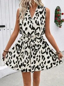 SHEIN PETITE Women's Leopard Print Wrap Front Sleeveless Casual Dress - Apricot - View 3