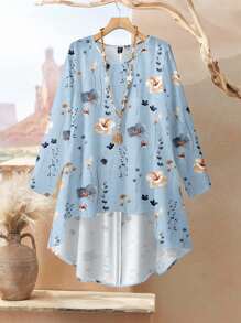 Rusticease 2 件套休闲度假风格蓝色花卉图案套装，女式宽松圆领长袖上衣和裤子，夏季服装，度假和海滩风格 - 彩色 - 查看 3