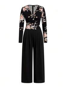 Gownix Women's Elegant Black Floral Jumpsuit,V-Neck Long Sleeve Wide Leg Pants,Spring And Summer Dining Wear,Commuting Autumn/Winter Teacher Outfits - Multicolor - View 2