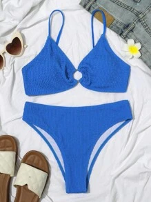 Swim Vcay Summer Beach Ring Linked Bikini Set - Blue - View 5
