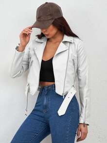 EURMUSE Women'S Asymmetric Collar Zipper Front Belted Jacket - White - View 1