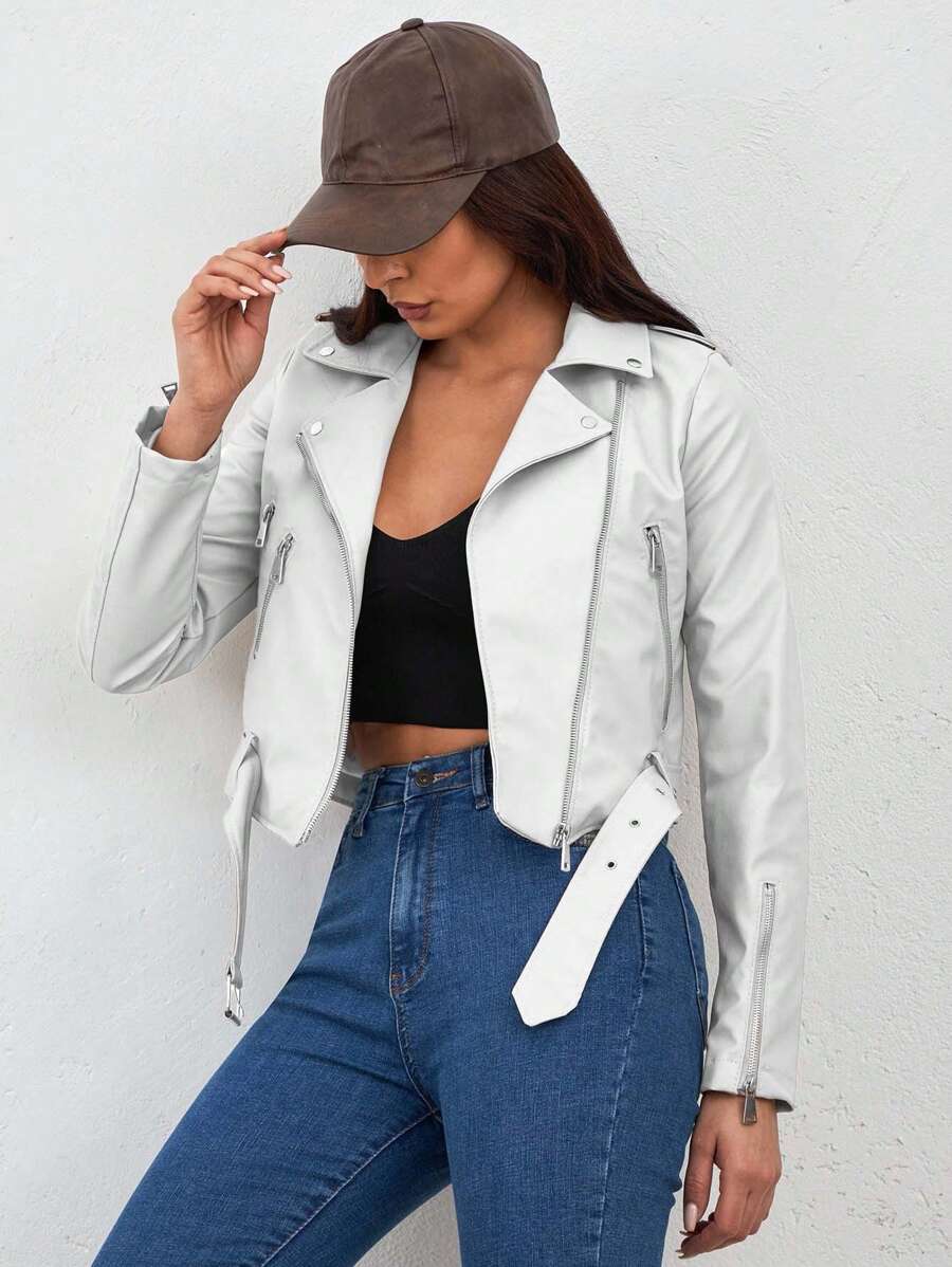 EURMUSE Women'S Asymmetric Collar Zipper Front Belted Jacket - White - View 1