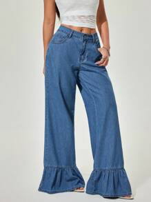 SHEIN PETITE Quần Jeans Denim Xanh Đơn Giản Thường Ngày Cho Nữ - Rửa nhẹ - Xem 7