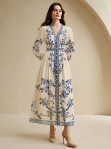 Anewsta Đầm dài cổ đứng in họa tiết hoa sứ cổ điển thanh lịch tay dài cài nút phía trước cho nữ - Nhiều màu - Xem 6