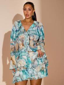 SHEIN BAE 大码女式蓝色大理石花卉荷叶边下摆迷你裙，春夏