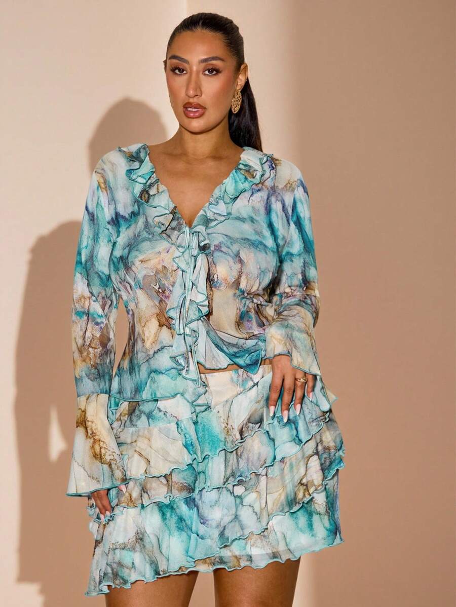 SHEIN BAE 大码女式蓝色大理石花卉荷叶边下摆迷你裙，春夏