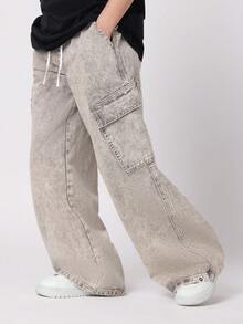 SUMWON 宽腿斜口袋工装裤溜冰风格街头时尚宽松牛仔裤儿童青少年流行休闲裤日常舒适秋冬 - 灰色 - 查看 1