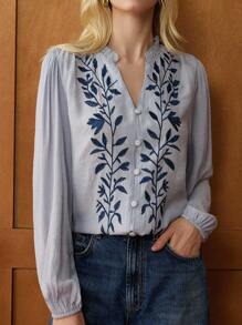 Écloséra 优雅 V 领荷叶边刺绣修身法式复古风格女式长袖衬衫，夏季