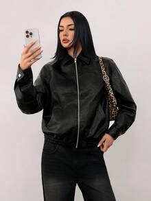 SHEIN Tall Women's Fall Winter Casual Daily Fashion Street Zip-Up Loose Jacket, Autumn Black Leather Jacket Women