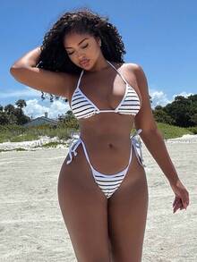 Alexandranx Dams Summer Beach Randig Halter Neck Tie Bikini Set, Micro Triangle Bikini Set - Svart och Vitt - Visa 5