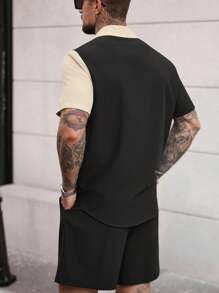 Manfinity Dauomo Men's Contrast Color Minimalist Short Sleeve Shirt And Solid Shorts Set For Daily Wear - Multicolor - View 2