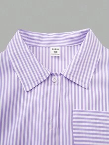 SHEIN 青少年女孩三件套，街头酷炫条纹长袖衬衫、裤子和吊带背心，适合春季和秋季 - 彩色 - 查看 4