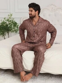DAZY Plaid Brown Shirt Paired With Men's Casual Loungewear Set, Autumn Pajama - Brown - View 6
