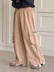 SHEIN Young Boys' Casual Side Pocket Cargo Pants Baggy Cargo Pants Khaki Cargo Pants Loose Pants Wide Leg Cargo Pants - Khaki - View 1