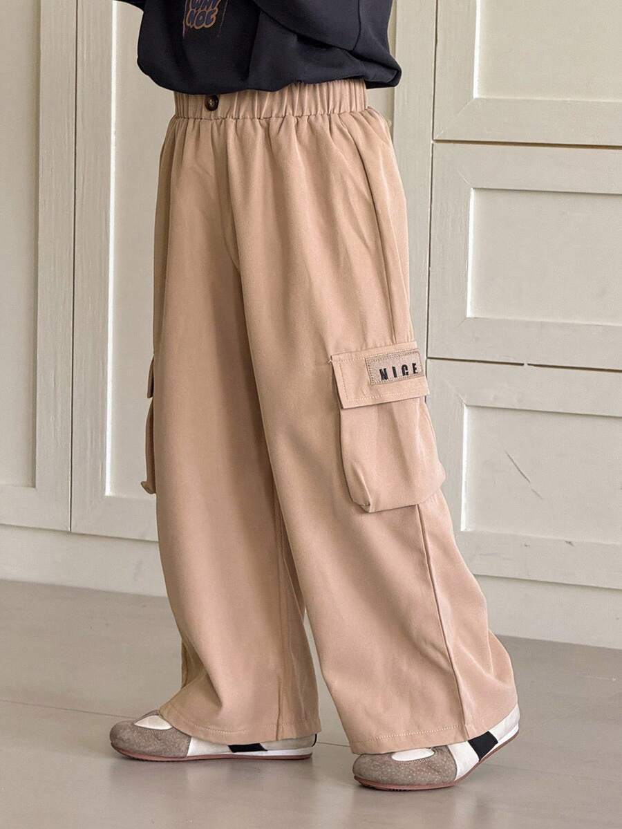 SHEIN Young Boys' Casual Side Pocket Cargo Pants Baggy Cargo Pants Khaki Cargo Pants Loose Pants Wide Leg Cargo Pants - Khaki - View 1