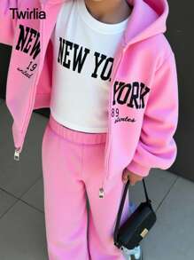 Sparklyn Áo khoác nỉ in hình địa điểm tuổi teen, áo tay ngắn in hình địa điểm phù hợp và quần ống loe bằng vải nỉ, bộ trang phục 3 món - Hồng - Xem 11