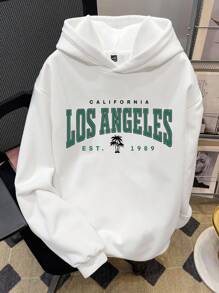 Manfinity Joysei 男士加大码保暖加厚宽松连帽衫，印有洛杉矶图案，适合秋冬季穿着。